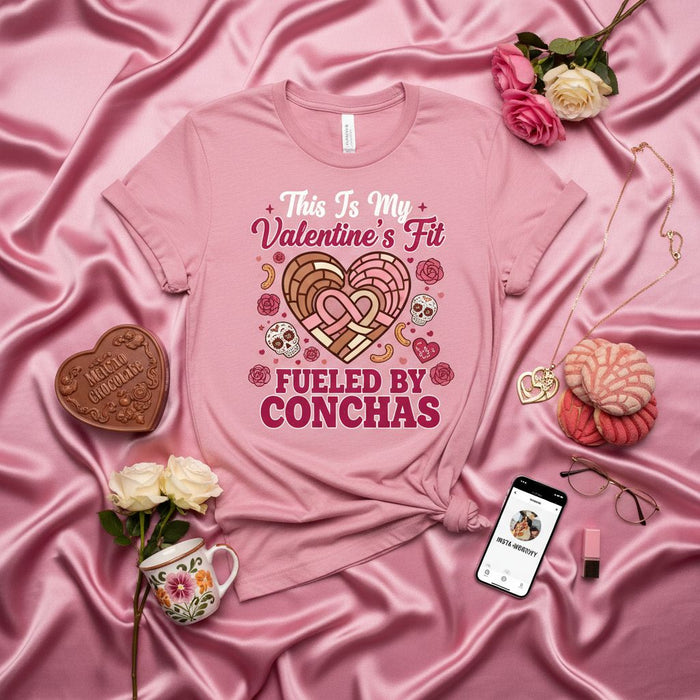 This Is My Valentine's Fit Fueled By Conchas Shirt, Funny Mexican Pan Dulce Valentines Day T-Shirt, Sugar Skull Heart Concha Bakery Lover Unisex Tee, Cute Hispanic Culture Gift Idea