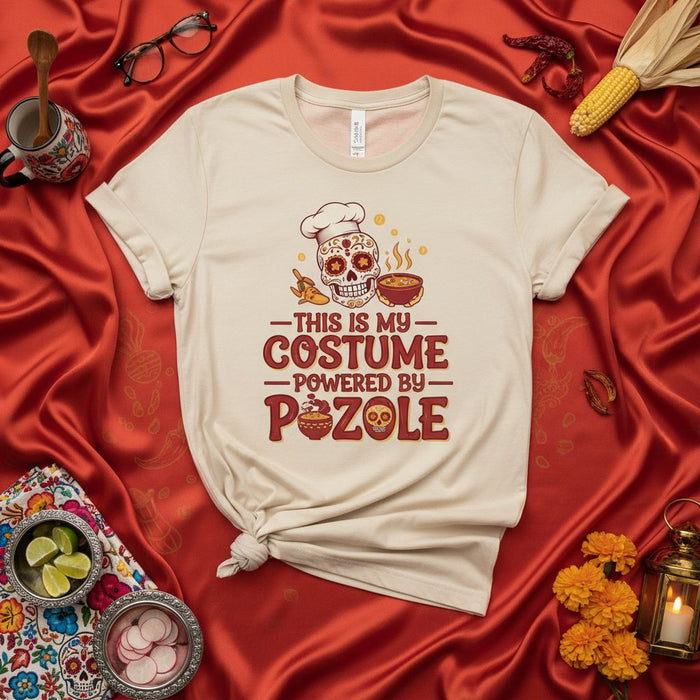 This is My Costume Powered by Pozole Sugar Skull Chef Shirt, Funny Dia de Muertos Foodie T-Shirt, Cinco de Mayo Mexican Soup Lover Tee, Unisex Graphic Apparel Gift