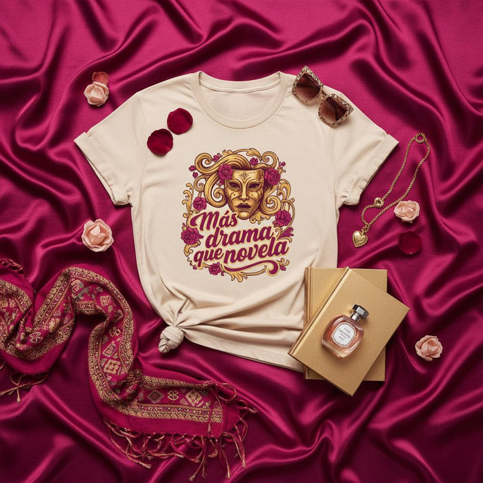 Más drama que novela Gold Masquerade Mask T-Shirt, Spanish Quote Tee, Floral Graphic Top, Pink Red Roses Design, Latina Gift, Theatrical Theme Shirt, Unisex Short Sleeve T-Shirt