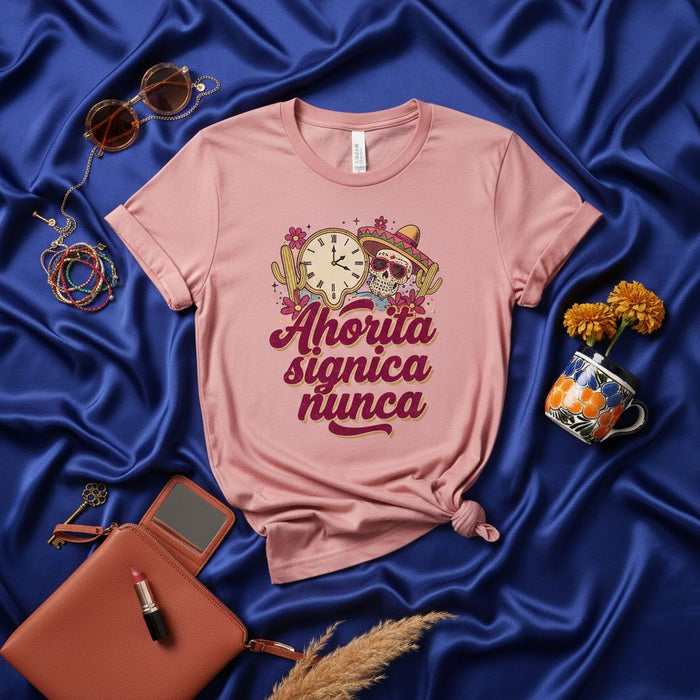 Ahorita significa nunca T-Shirt: Funny Dia de Muertos Sugar Skull, Sombrero, and Clock Graphic Tee - Sarcastic Spanish Phrase Shirt for Men and Women