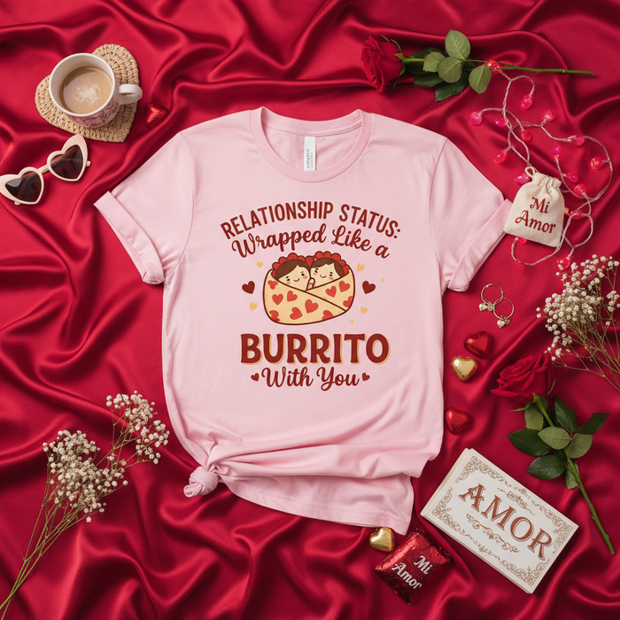 Stato della Relazione: Avvolto Come un Burrito con Te Maglietta, San Valentino Coppia, Amore Divertente, Regalo Mi Amor, Design Burrito Carino, T-shirt Rosa Unisex, Grafica Romantica