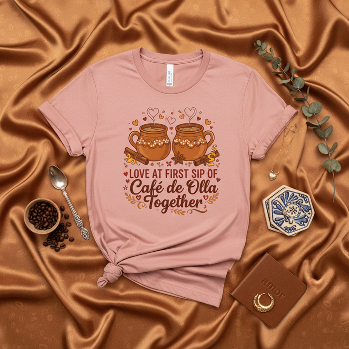 Love at First Sip of Café de Olla Together T-Shirt, Cute Valentine's Day Mexican Coffee Graphic Tee, Cozy Holiday Couple Matching Gift, Pink Unisex Shirt, Dia del Amor y la Amistad Apparel