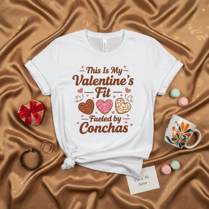 This Is My Valentine's Fit Fueled by Conchas T-Shirt, Funny Hispanic Valentine's Day Gift for Concha Lovers, Unisex Mexican Sweet Bread Pastry Tee Shirt
