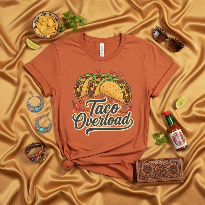 Taco Overload Funny Mexican Food Shirt Tacos Lover Gift Unisex Graphic Tee Soft Cotton Blend T-Shirt