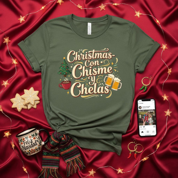 Christmas Con Chisme Y Chelas T-Shirt, Funny Spanish English Christmas Shirt, Holiday Fiesta Tee, Festive Drinking and Gossip Top, Navidad Gift for Her Him
