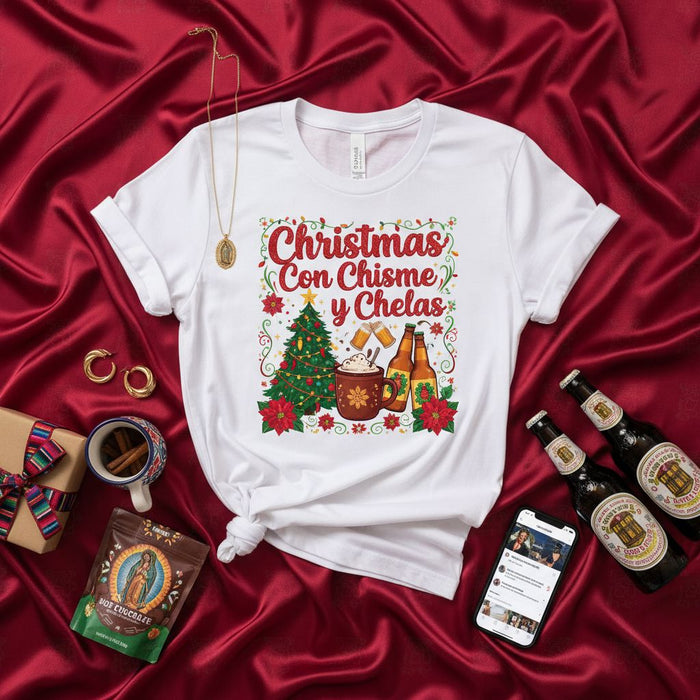 Christmas Con Chisme Y Chelas T-Shirt: Festive Holiday Fiesta Tee with Christmas Tree, Hot Chocolate, Beer, and Poinsettias - Funny Spanglish Xmas Party Shirt Gift for Friends and Family