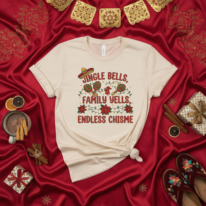 Jingle Bells Family Yells Endless Chisme Shirt, Funny Latinx Christmas T-Shirt, Navidades Fiesta Tee, Mexican Holiday Tradition Gift, Poinsettia Maraca Sombrero Design