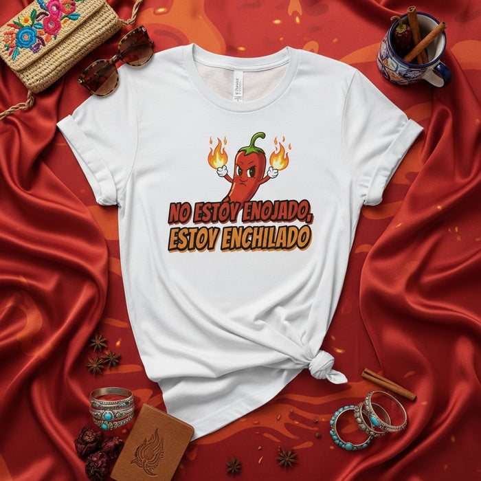 No Estoy Enojado Estoy Enchilado T-Shirt, Funny Spicy Chile Pepper Cartoon Shirt, Spanish Language Humor Tee, Unisex Gift for Foodies and Hot Sauce Lovers