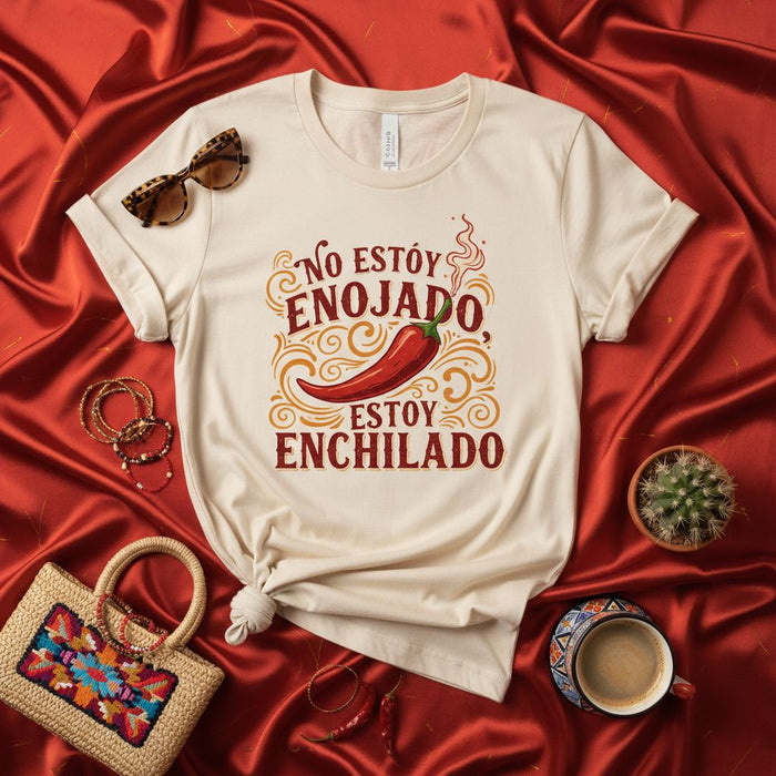 No estoy enojado, estoy enchilado | Spicy Chili Pepper Humor T-Shirt | Funny Spanish Foodie Tee | Mexican Cuisine Gift | Unisex Cream Shirt with Red Pepper Graphic