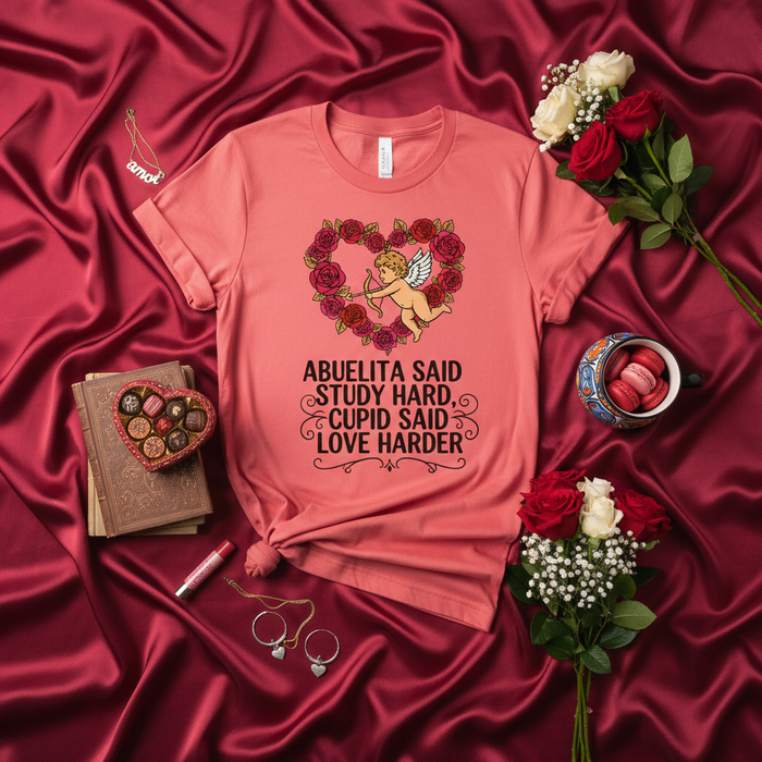 Abuelita Dijo Estudia Mucho, Cupido Dijo Ama Más Fuerte Camiseta - Divertida para Abuela o Ser Querido - Estampado de Ángel Cupido y Corazón de Rosas Unisex