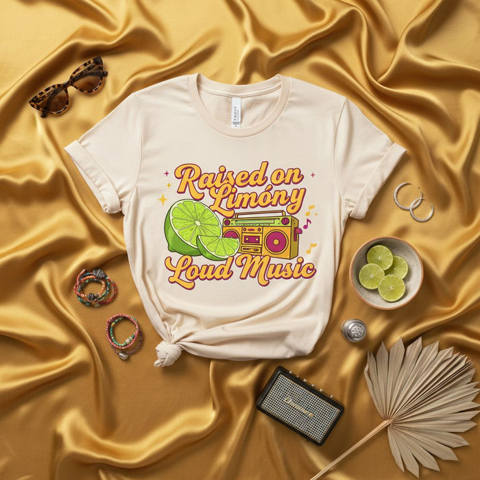 Raised on Limóny Loud Music T-Shirt, Retro Limon and Boombox Graphic Tee, Vintage 80s 90s Music Lover Gift, Citrus Summer Vibes Unisex Shirt