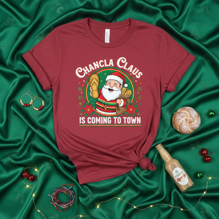 Chancla Claus Is Coming to Town T-Shirt, Funny Hispanic Christmas Shirt, Santa with Slipper, Navidad Latina Holiday Gift Tee, Spanish English Mixed Text Apparel