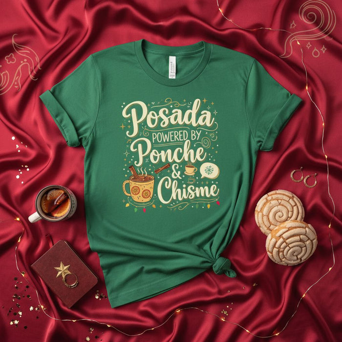 Posada Powered By Ponche & Chisme Shirt, Green Christmas Tee, Festive Mexican Holiday Party T-Shirt, Posadas Navideñas Drinking & Gossip Top, Cozy Winter Design, Unisex Gift Idea