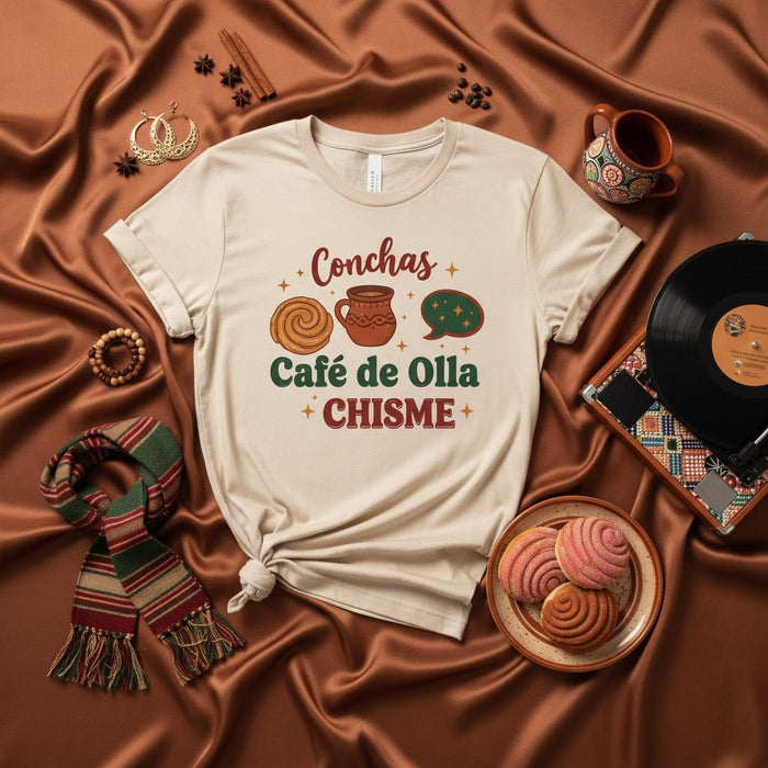 Conchas Café de Olla Chisme T-Shirt, Pan Dulce Mexican Sweet Bread Shirt, Cute Latina Shirt, Hispanic Gift Tee, Mexico Food Lover Top, Vintage Style Unisex Shirt