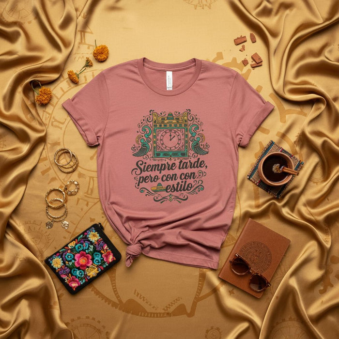 Siempre tarde, pero con estilo - Unisex T-Shirt with Spanish Clock Design, Funny Late but Stylish Graphic Tee, Mexican Culture Inspired Apparel, Gift for Punctuality Challenged Friend