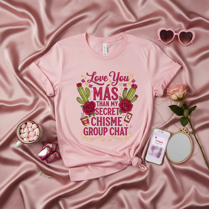 Ti Amo Più Della Mia Chat Segreta di Pettegolezzi T-Shirt, Maglietta Divertente Spanglish San Valentino, Regalo Messicano per Migliore Amica, Maglietta Divertente Latinx, Maglietta Estetica Cactus e Rosa.