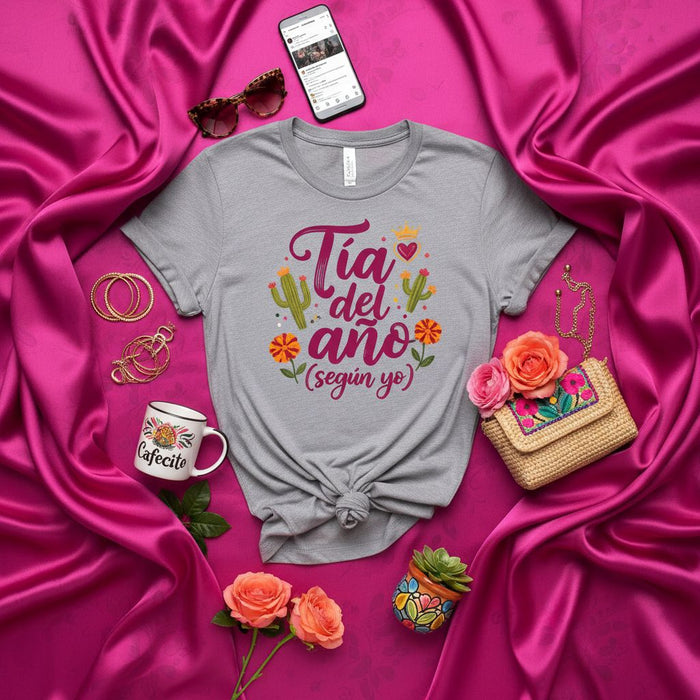 Tía del Año (Según Yo) Latina Aunt Shirt with Cactus, Flowers, and Crown Graphic, Spanish Language Funny Tee Gift for Beloved Hispanic Aunt