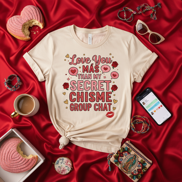 Love You Más Than My Secret Chisme Group Chat T-Shirt, Funny Valentine's Day Tee, Latina Spanish English Quote Shirt, Comadre Gift, Mejor Amiga Friendship Tee, Heart and Rose Graphic Top