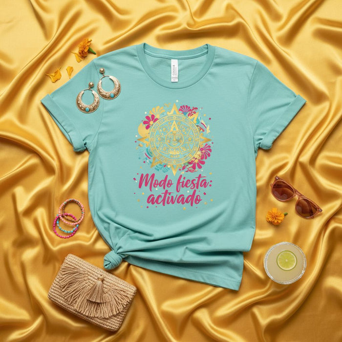 Modo fiesta activado: Mayan Sun Aztec Calendar T-Shirt, Fun Bright Colors, Turquoise Tee, Festival Shirt, Spanish Party Mode Activated, Cinco de Mayo Fiesta Top, Unisex Graphic Tee, Statement Shirt