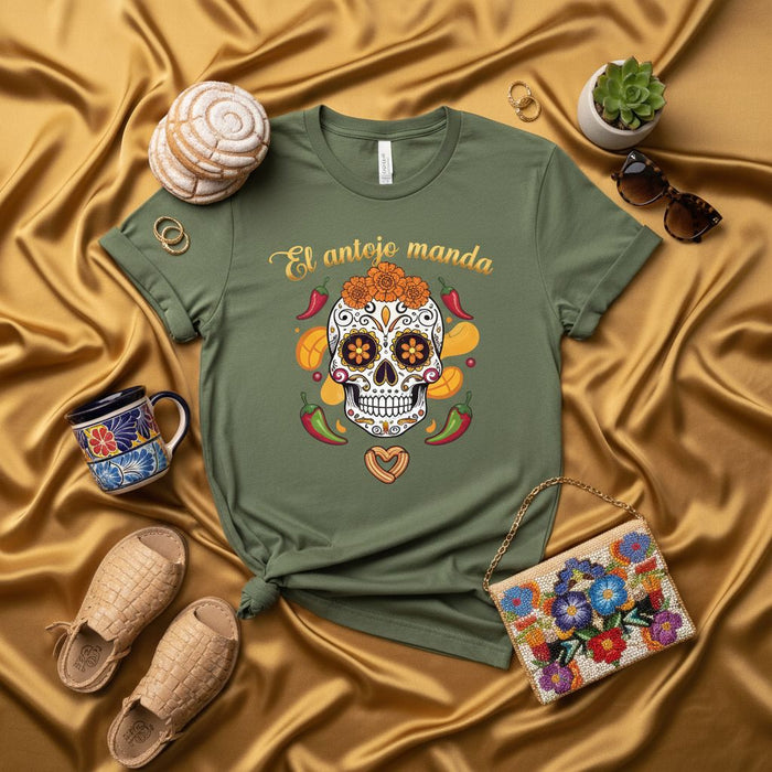 El antojo manda Sugar Skull T-Shirt, Day of the Dead Calavera Tee, Mexican Food Lover Gift, Chile Pepper Graphic Shirt, Dia de Muertos Unisex Top