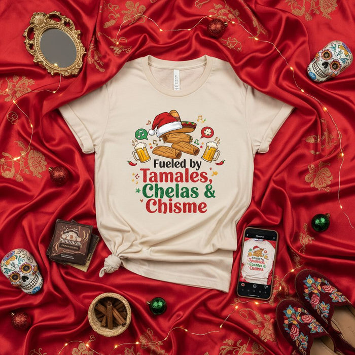 Fueled by Tamales, Chelas & Chisme T-Shirt Unisex Christmas Holiday Shirt Funny Mexican Food Beer Gift for Tamalada Party Season
