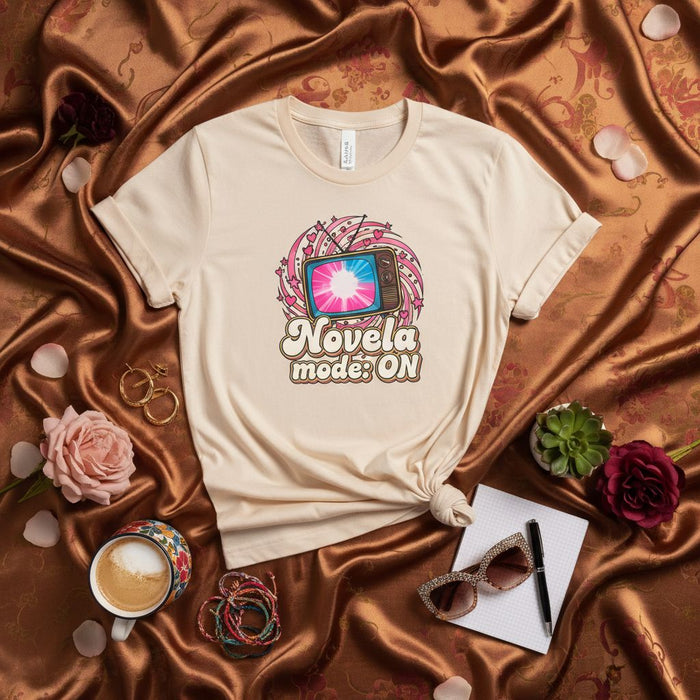 Novela Mode ON T-Shirt Retro 70s TV Screen Graphic Tee Unisex Hispanic Culture Spanish Soap Opera Gift for Telenovela Lovers