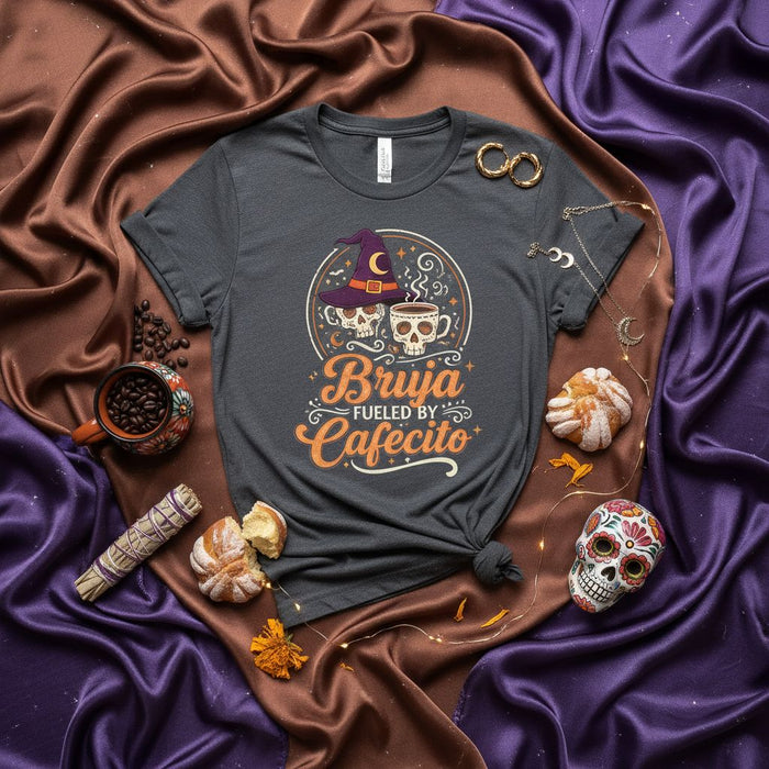 Bruja Fueled By Cafecito T-Shirt: Halloween Spooky Coffee Witch Shirt with Skulls and Hat, Spanish Phrase Tee, Fall Dia de Muertos Inspired Gift