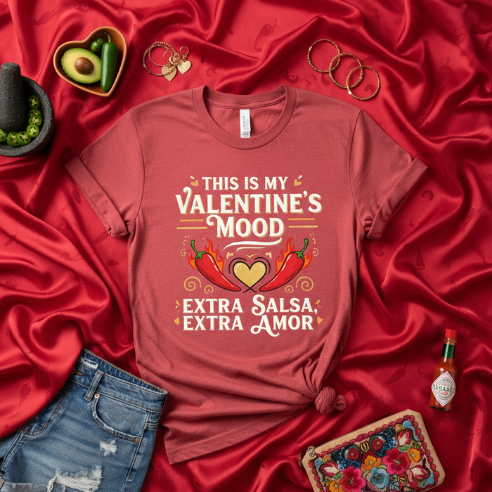 This Is My Valentine's Mood Extra Salsa Extra Amor T-Shirt | Spicy Valentine's Day Shirt with Chili Peppers Heart Design | Funny Unisex Gift for Mexican Food Lovers