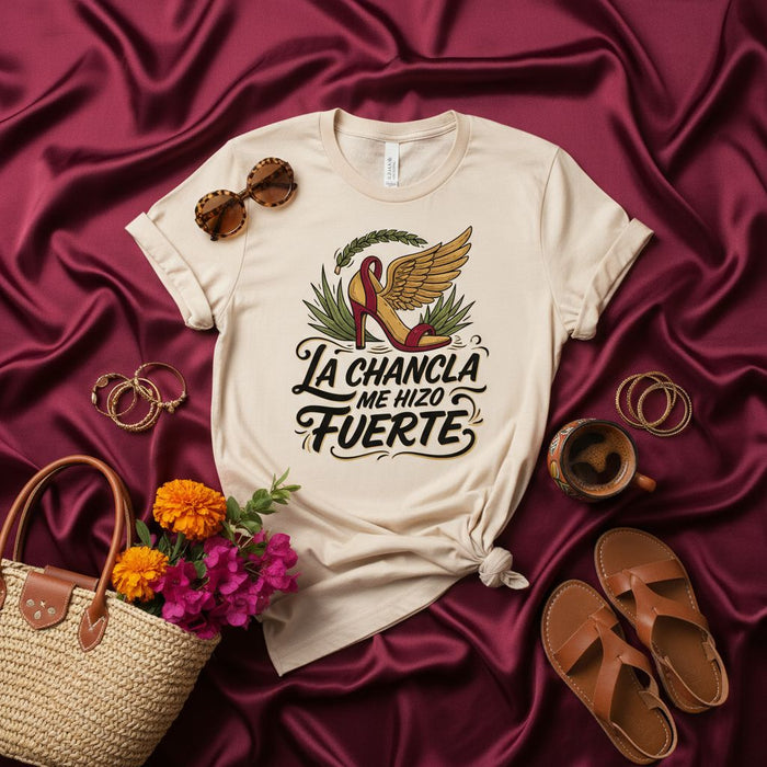 La Chancla Me Hizo Fuerte T-Shirt | Latina Power Tee | Funny Spanish Saying Shirt | Mexican Mom Gift | Hispanic Heritage Women's Unisex Graphic Top | Funny Parenting Saying Sandal