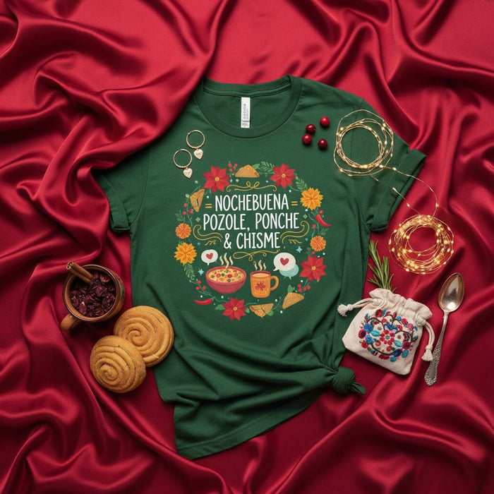 Nochebuena Pozole Ponche & Chisme Christmas T-Shirt, Funny Holiday Fiesta Tee, Festive Mexican Food & Drink Xmas Shirt, Winter Celebration Gift Idea, Unisex Graphic Tee