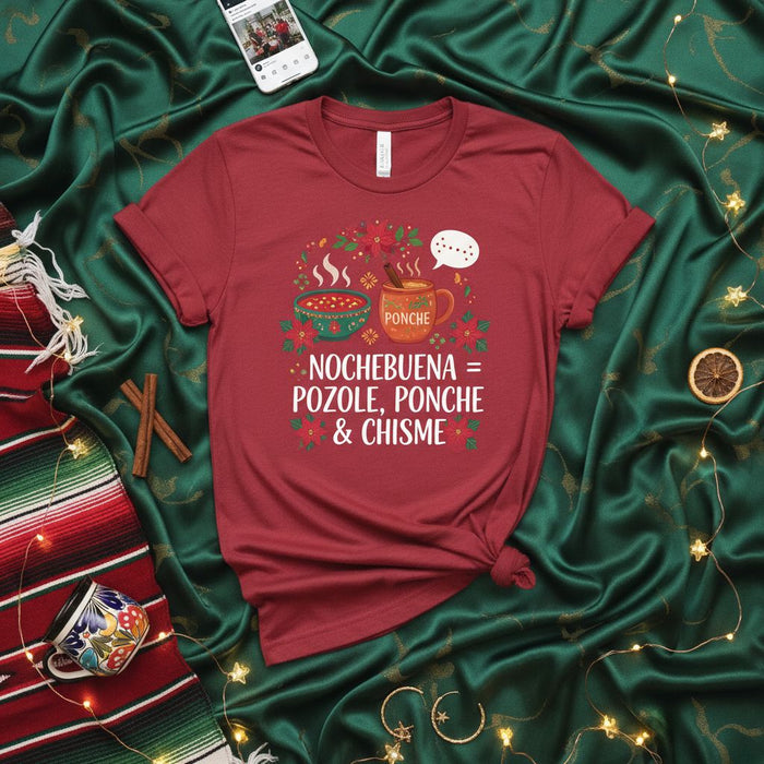 Nochebuena Pozole Ponche Chisme T-Shirt, Mexican Christmas Eve Shirt, Holiday Food Drink Party Tee, Latina Latino Family Gathering Gift