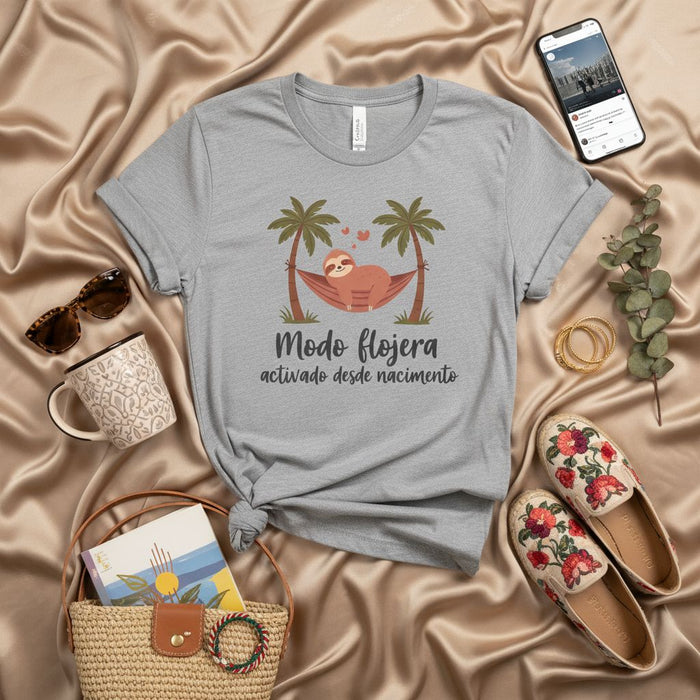 Modo flojera activado desde nacimiento, Sloth in Hammock T-Shirt, Funny Spanish Lazy Mode Shirt, Cute Animal Palm Trees Vacation Graphic Tee, Unisex Relaxed Fit Gift Idea