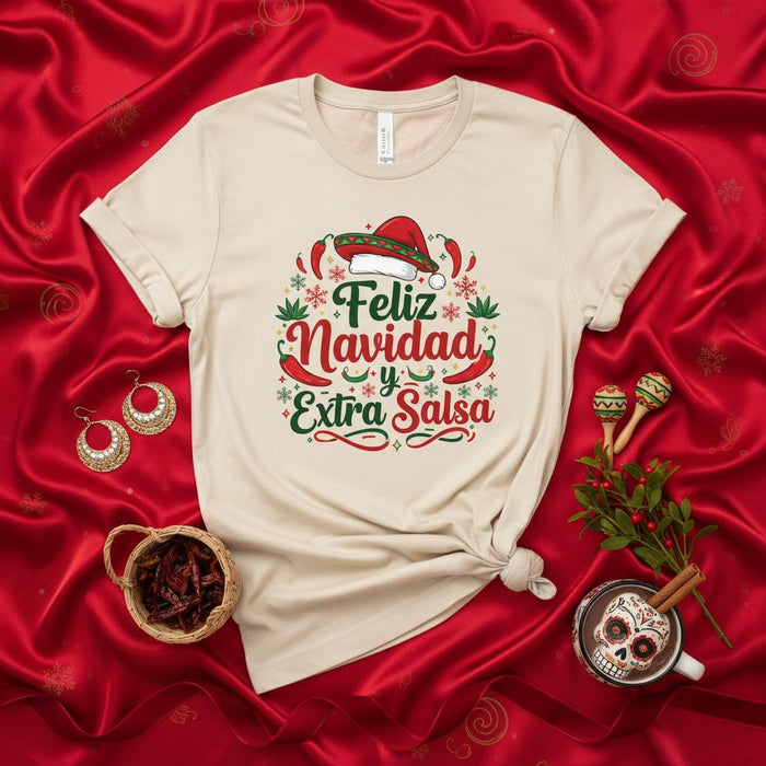 Feliz Navidad y Extra Salsa Shirt, Funny Mexican Christmas T-Shirt, Chili Pepper Santa Hat Holiday Tee, Spicy Festive Apparel, Unisex Graphic Xmas Gift