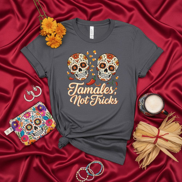 Tamales Not Tricks Day of the Dead Sugar Skulls Halloween Shirt, Funny Calavera Tamale Lover Gift, Dia de Muertos Fall Holiday Unisex Tee