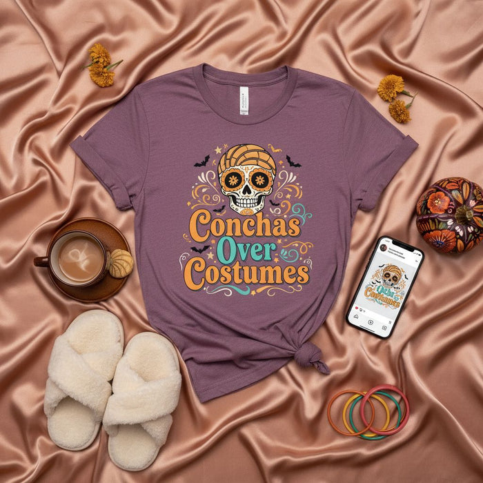 Conchas Over Costumes Day of the Dead Sugar Skull T-Shirt, Funny Pan Dulce Halloween Tee, Unisex Dia de Muertos Mexican Bread Gift Shirt