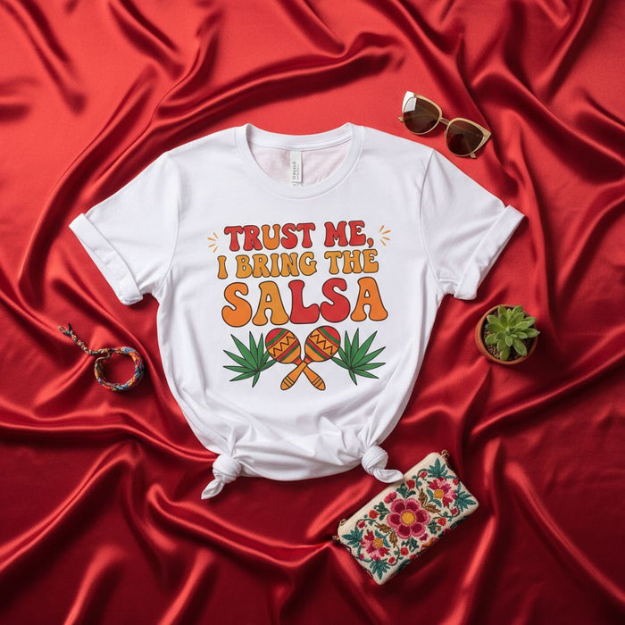 Trust Me I Bring The Salsa T-Shirt, Funny Fiesta Party Shirt, Cinco de Mayo Maraca Leaves Unisex Graphic Tee, Mexican Food Lover Gift Idea