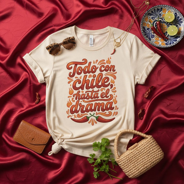 Todo con chile, hasta el drama Spicy Pepper Shirt, Mexican Food Lover Tee, Cinco de Mayo Spanish Phrase T-Shirt, Fiesta Fun Top