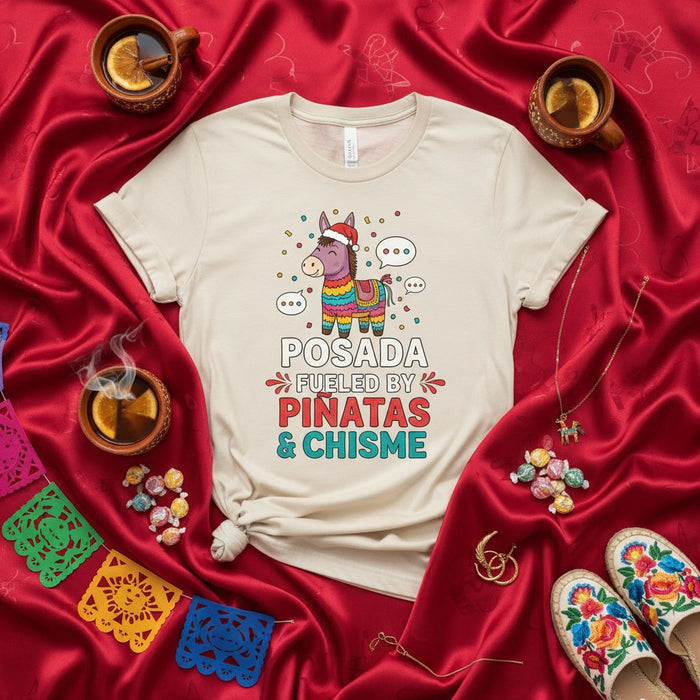 Posada Fueled By Piñatas & Chisme Christmas Party T-Shirt, Funny Holiday Donkey Pinata Tee, Festive Mexican Celebration Shirt, Unisex Graphic Tee Gift Idea