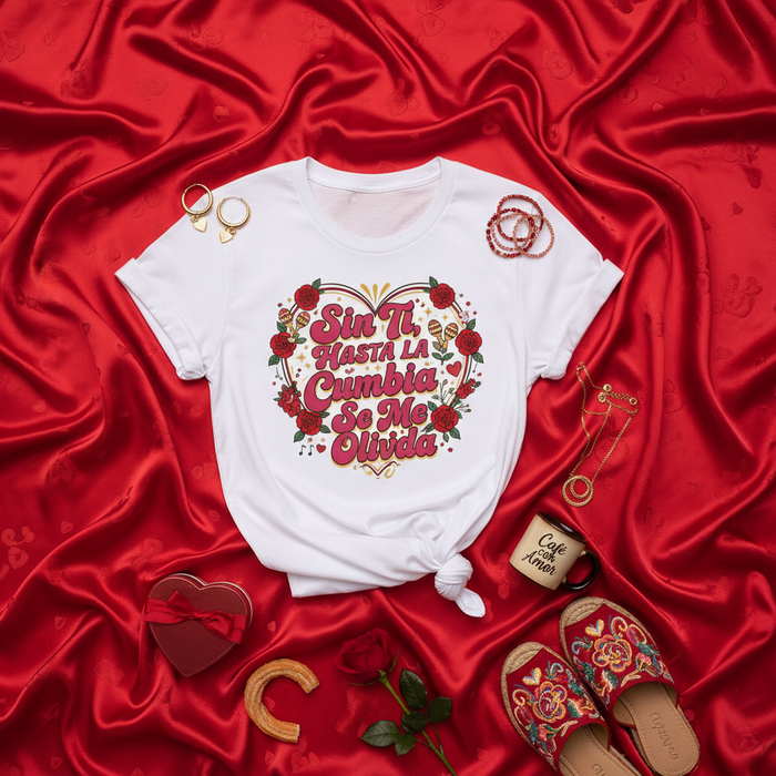 Sin Ti Hasta La Cumbia Se Me Olvida Camiseta, Camiseta de Cumbia Latina, Regalo de San Valentín, Flores Rosas Corazón Rojo, Camisa de Cumbia para Mujer Hombre, Música Baile Hispano.