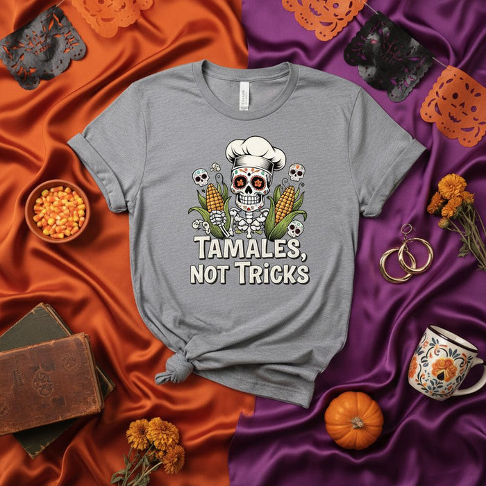 Tamales, Not Tricks Day of the Dead Sugar Skull Chef T-Shirt with Corn, Calavera Cooking Shirt for Halloween and Dia de Muertos, Unisex Adult Tee