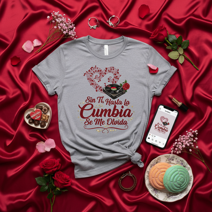 Sin Ti, Hasta la Cumbia Se Me Olvida Camiseta Unisex con Diseño de Corazón Musical, Tornamesa y Rosa Roja, Regalo Romántico para Amantes de la Cumbia