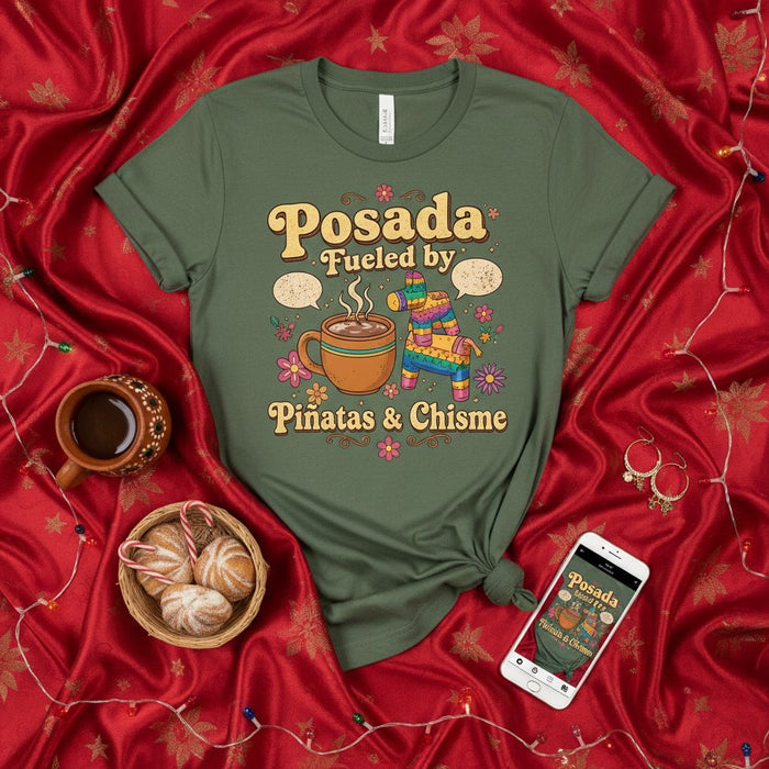 Posada Fueled by Piñatas & Chisme Shirt, Festive Christmas Holiday Party Tee, Funny Spanish and English Mix Retro Groovy Design, Winter Celebration T-shirt Gift