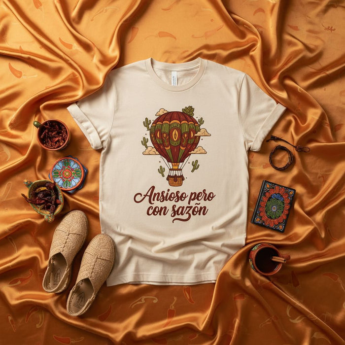 Ansioso pero con sazón T-Shirt, Hot Air Balloon, Desert Cactus, Southwest Vibe, Hispanic Heritage, Unisex Graphic Tee, Earth Tones, Spice Theme, Unique Gift Idea