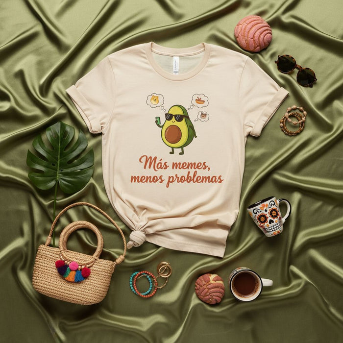 Más memes, menos problemas Avocado Meme T-Shirt, Funny Spanish Quote Tee, Unisex Graphic Shirt with Sunglasses and Thinking Bubbles, Cute Food Pun Shirt, Latine Humor Gift