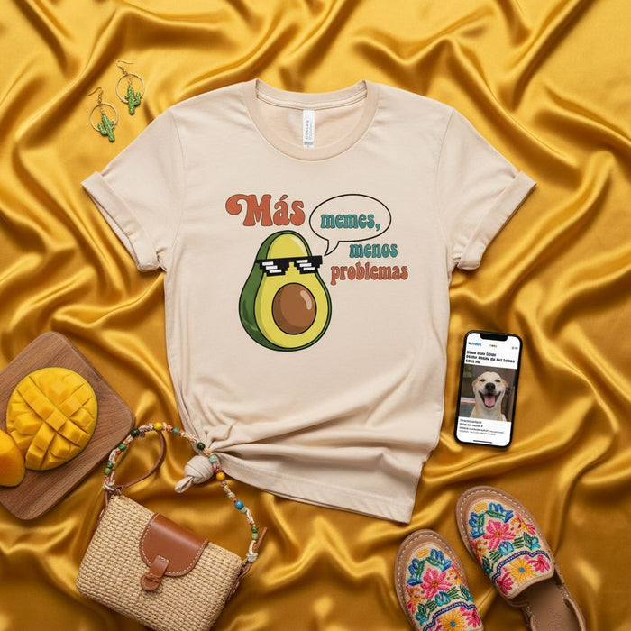 Más memes, menos problemas Camiseta de aguacate, camiseta divertida con cita en español, camiseta unisex retro divertida, top gráfico, regalo para amantes de la comida mexicana