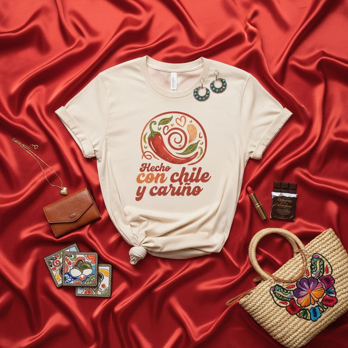Hecho con Chile y Cariño T-Shirt, Mexican Chili Pepper Graphic Tee, Spicy Food Lover Gift, Latina Apparel, Spanish Phrase Shirt, Unisex Design