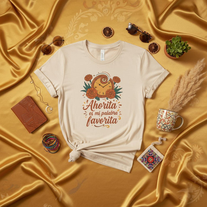 Ahorita es mi palabra favorita T-Shirt, Spanish Quote Tee, Funny Latina Shirt, Cute Marigold Flower Clock Design, Unisex Gift for Her Him