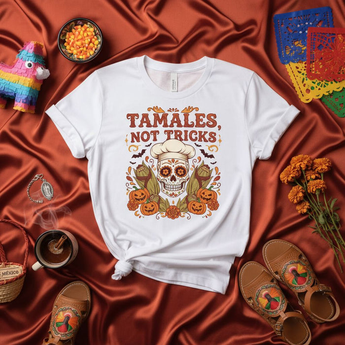 Tamales, Not Tricks Day of the Dead Sugar Skull Chef Halloween T-Shirt | Funny Dia de Muertos Pumpkin Corn Bats Graphic Tee | Unisex Mexican Food Holiday Shirt