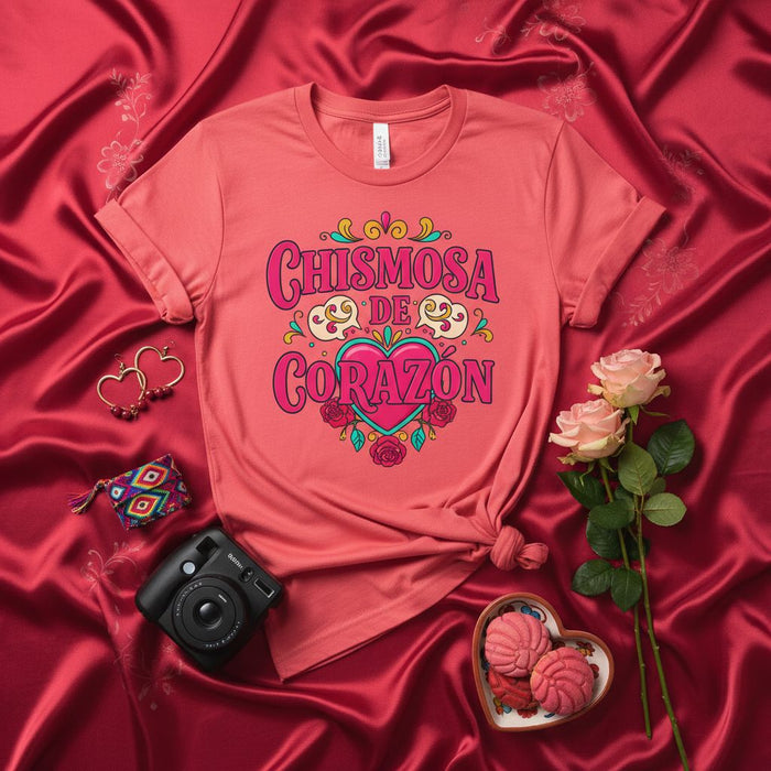 Chismosa De Corazón Shirt, Funny Spanish Gossip Tee, Latina Gift, Mexican-American T-Shirt, Cute Heart and Roses Graphic Top, Hot Pink and Teal Design for Women and Men
