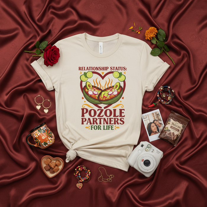 Relationship Status: Pozole Partners for Life Unisex T-Shirt - Mexican Food Couple Goal Tee with Pozole Bowl and Avocado Heart Design - Spicy Cuisine Love Shirt Gift Idea